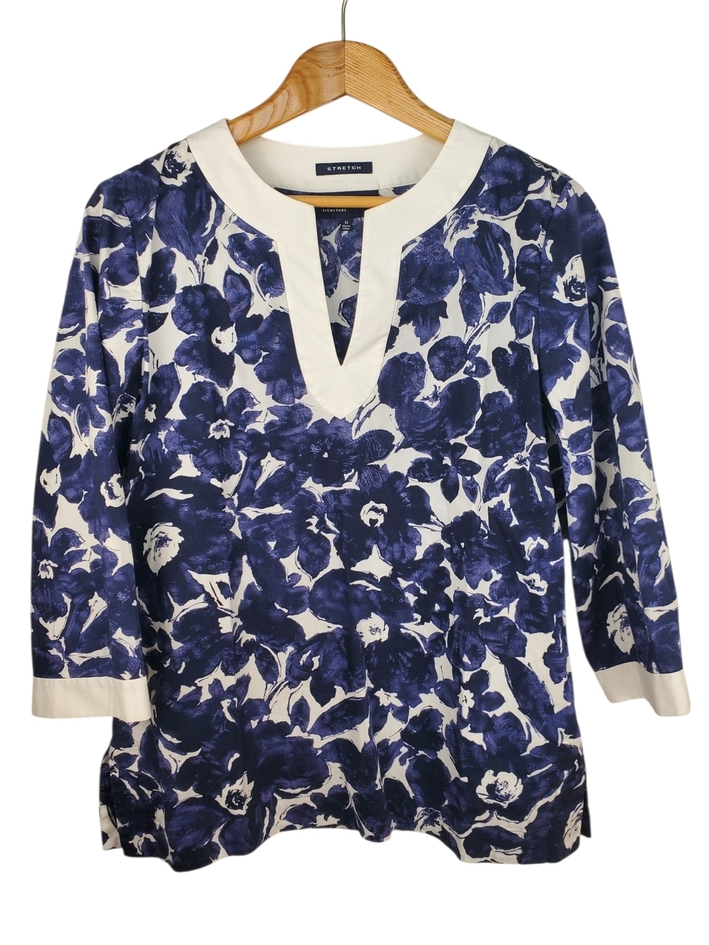 Jones New York Signature Stretch Blue White Floral 3/4 Sleeve Blouse MED. #250